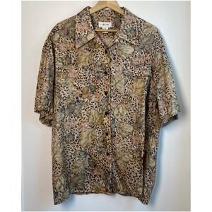 Cezar Silk Button Down Shirt Womens XL Brown Leaf Animal Print Vintage Safari